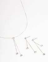 Silver Diamante Y-Shape Necklace & Drop Earrings Jewellery Set