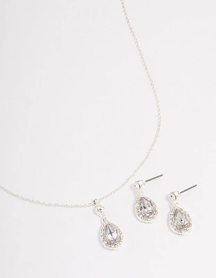 Silver Round & Pearl Halo Necklace & Drop Earrings Jewellery Set