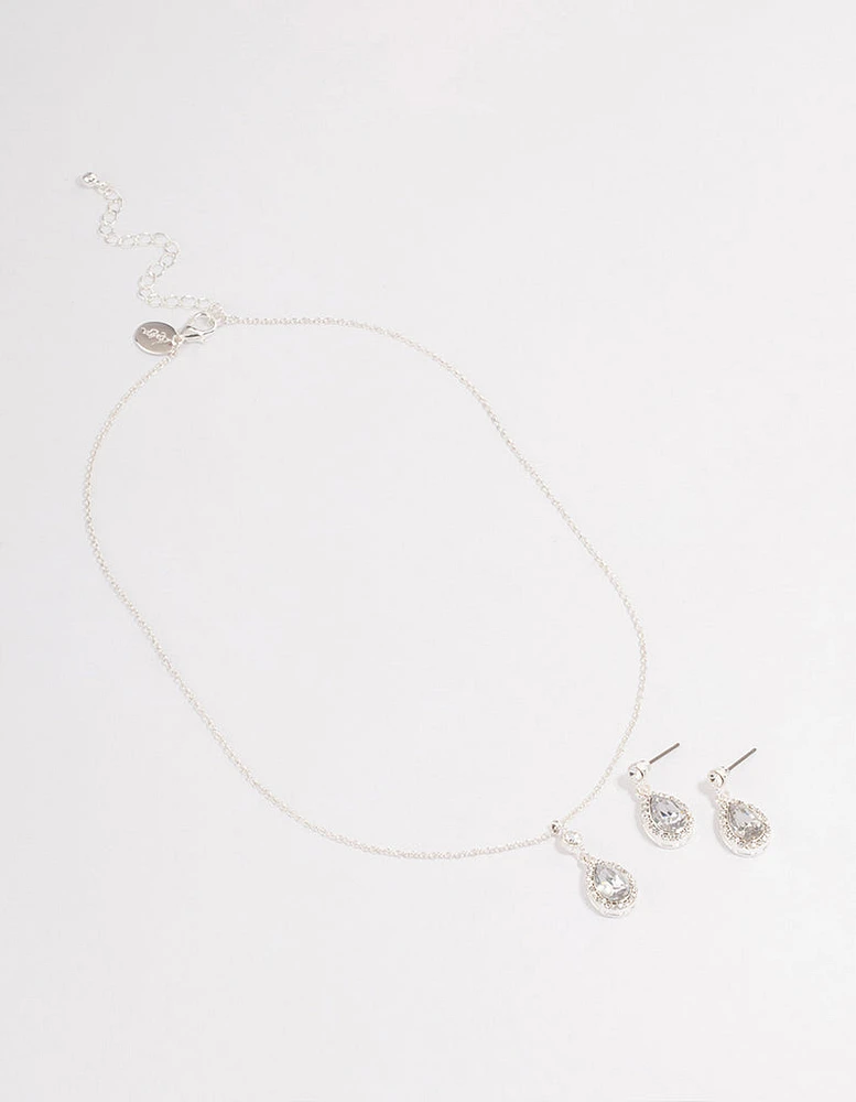 Silver Round & Pearl Halo Necklace & Drop Earrings Jewellery Set