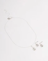 Silver Round & Pearl Halo Necklace & Drop Earrings Jewellery Set