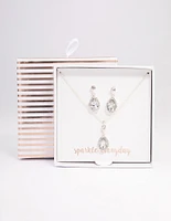 Silver Round & Pearl Halo Necklace & Drop Earrings Jewellery Set