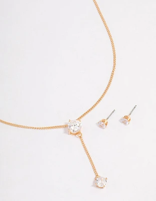 Gold Diamante Y-Shape Necklace & Stud Earrings Jewellery Set