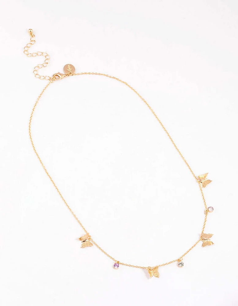 Gold Butterfly Drop Station Necklace