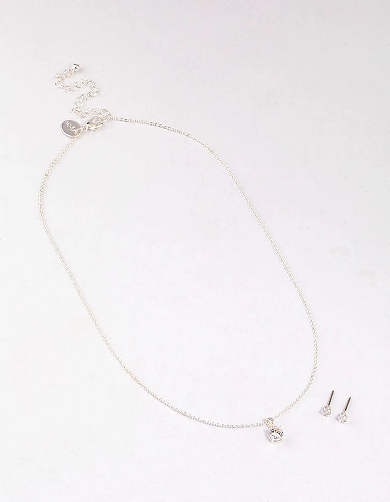 Silver Round Solitaire Necklace & Earring Set