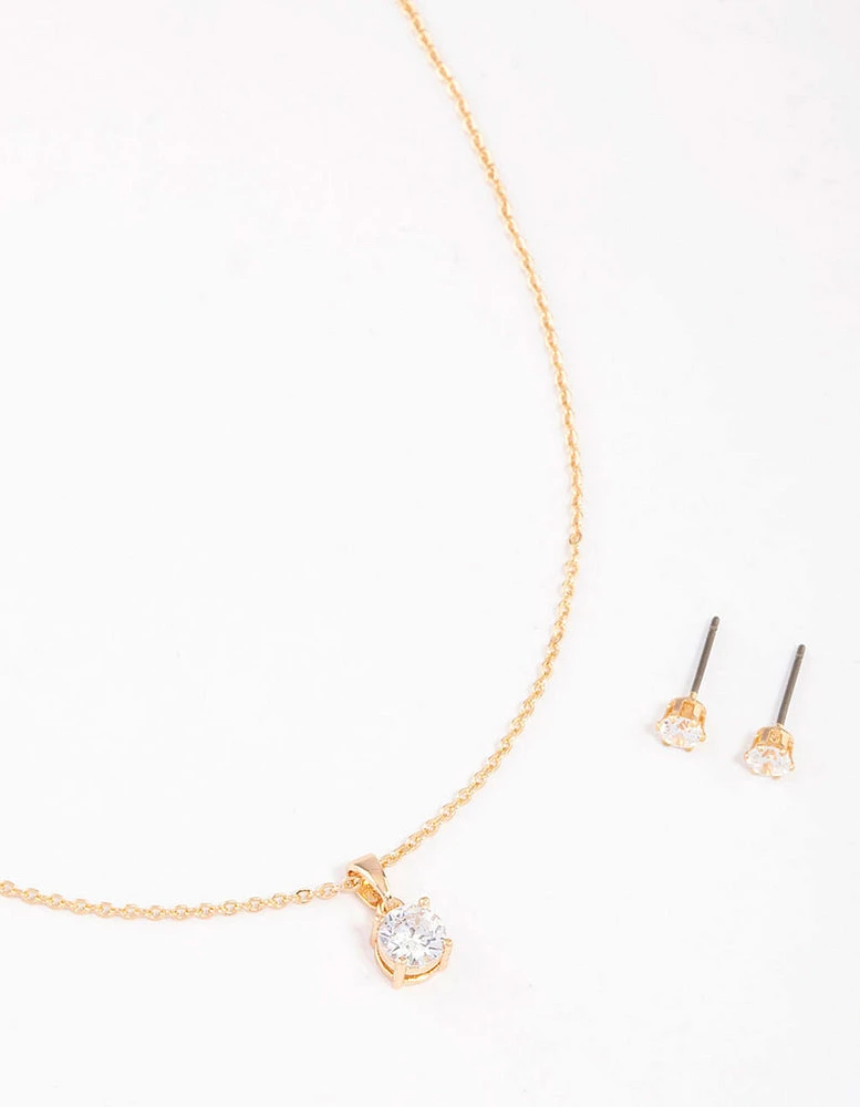 Gold Round Solitaire Necklace & Earring Set