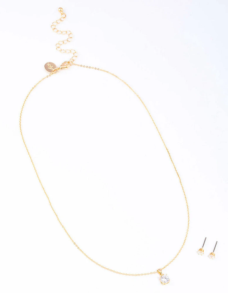 Gold Round Solitaire Necklace & Earring Set