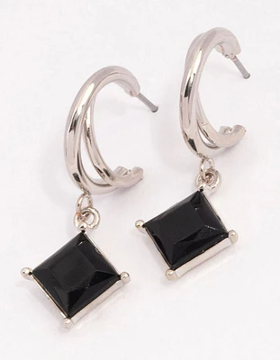 Silver Classic Diamante Square Hoop Earrings