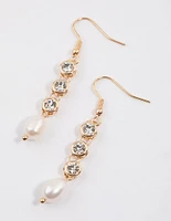 Gold Triple Diamante Freshwater Pearl Huggie Hoop Earrings