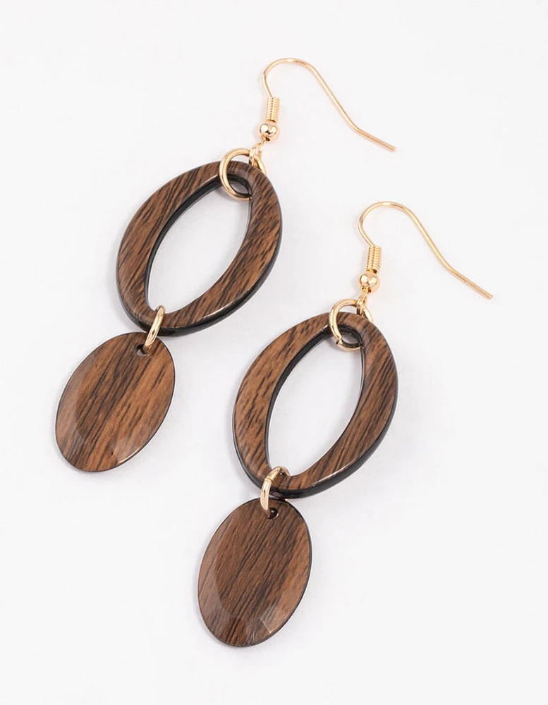 Gold Open Oval Wooden Drop Earrings