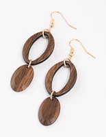 Gold Open Oval Wooden Drop Earrings