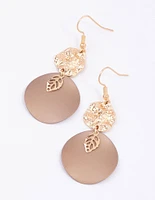 Gold Textured Disc Leaf Drop Earrings