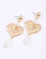 Gold Ornate Heart Pearl Drop Earrings