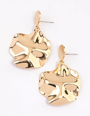 Gold Warped Textured Disc Drop Earrings