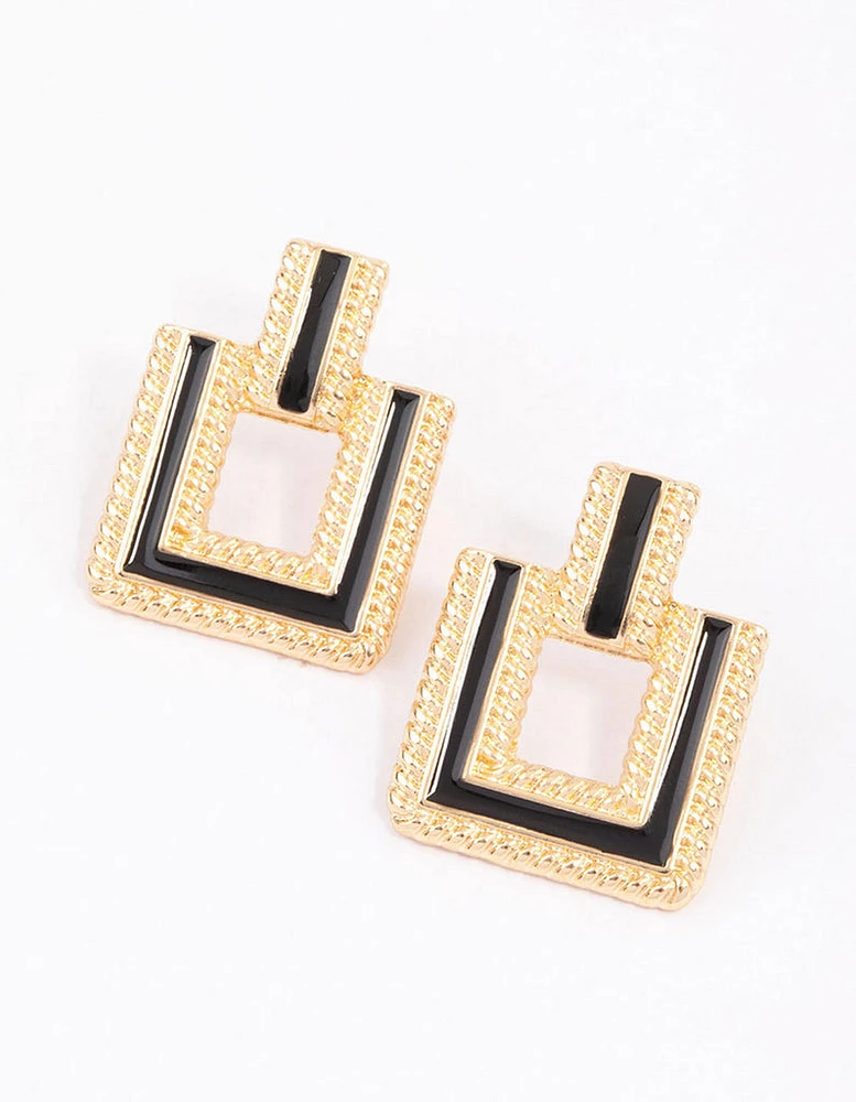 Gold Enamel Geometric Square Stud Earrings