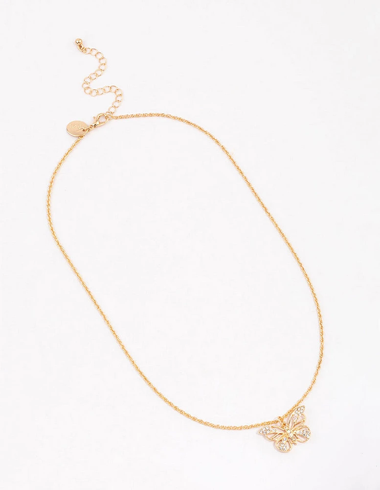 Gold Diamante Open Butterfly Short Necklace