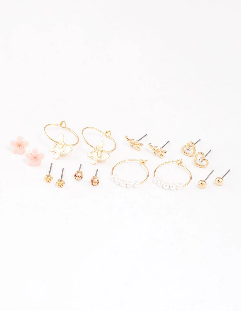 Gold Pearl Butterfly & Flower Earrings 8-Pack