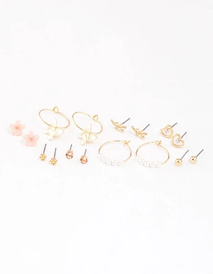 Gold Pearl Butterfly & Flower Earrings 8-Pack