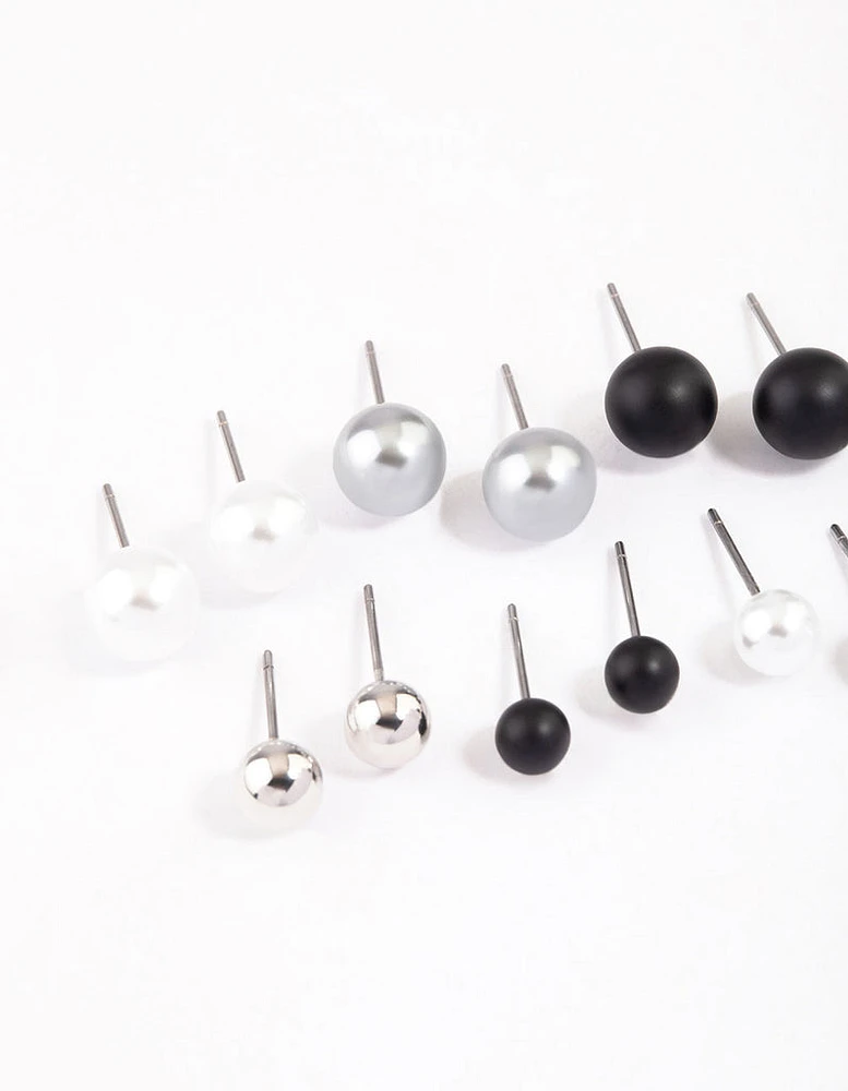 Mixed Metal Pearl & Ball Stud Earrings 8-Pack