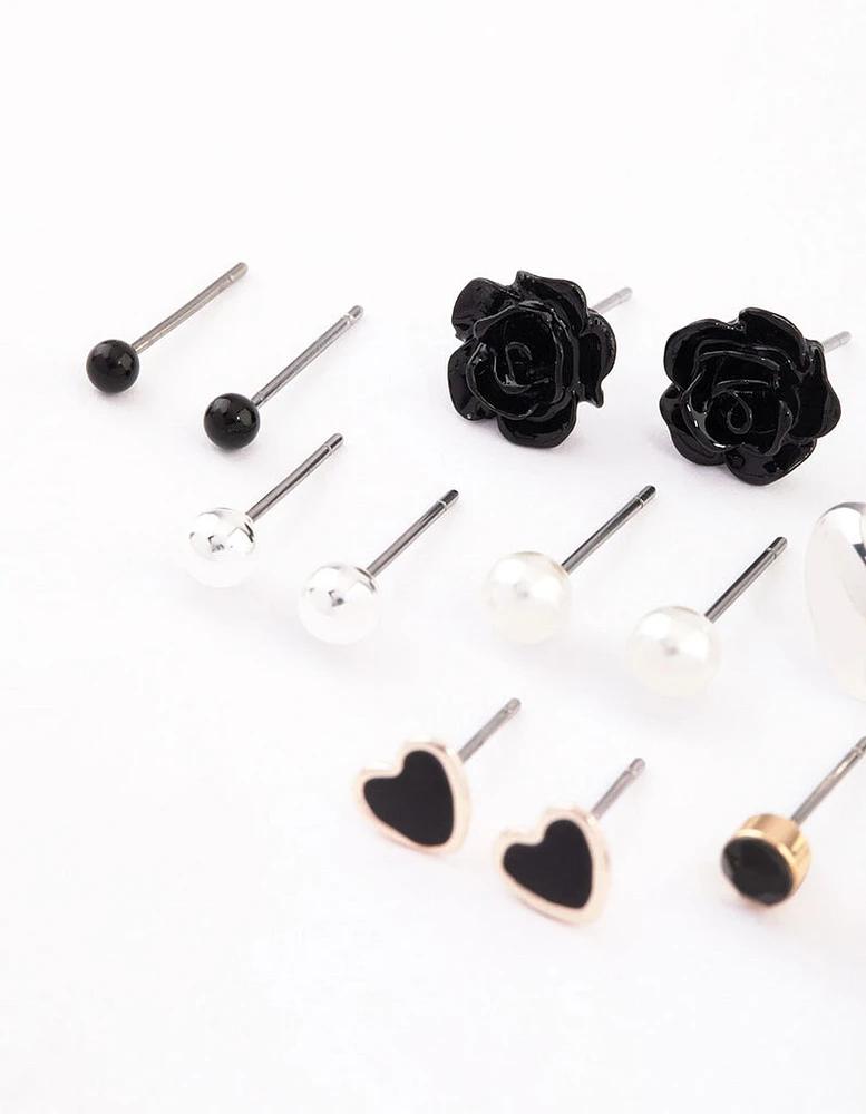 Mixed Metal Pearl Heart & Flower Earrings 8-Pack