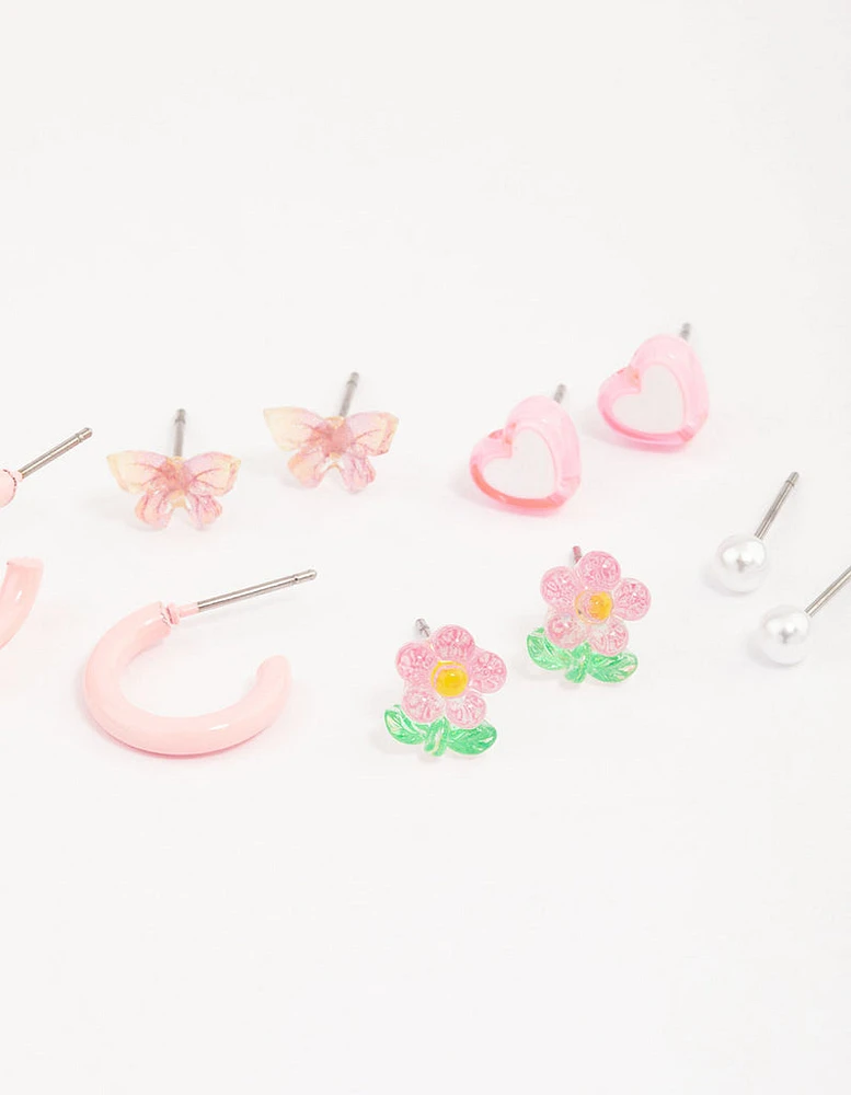 Pink Heart Flower & Butterfly Earrings 8-Pack