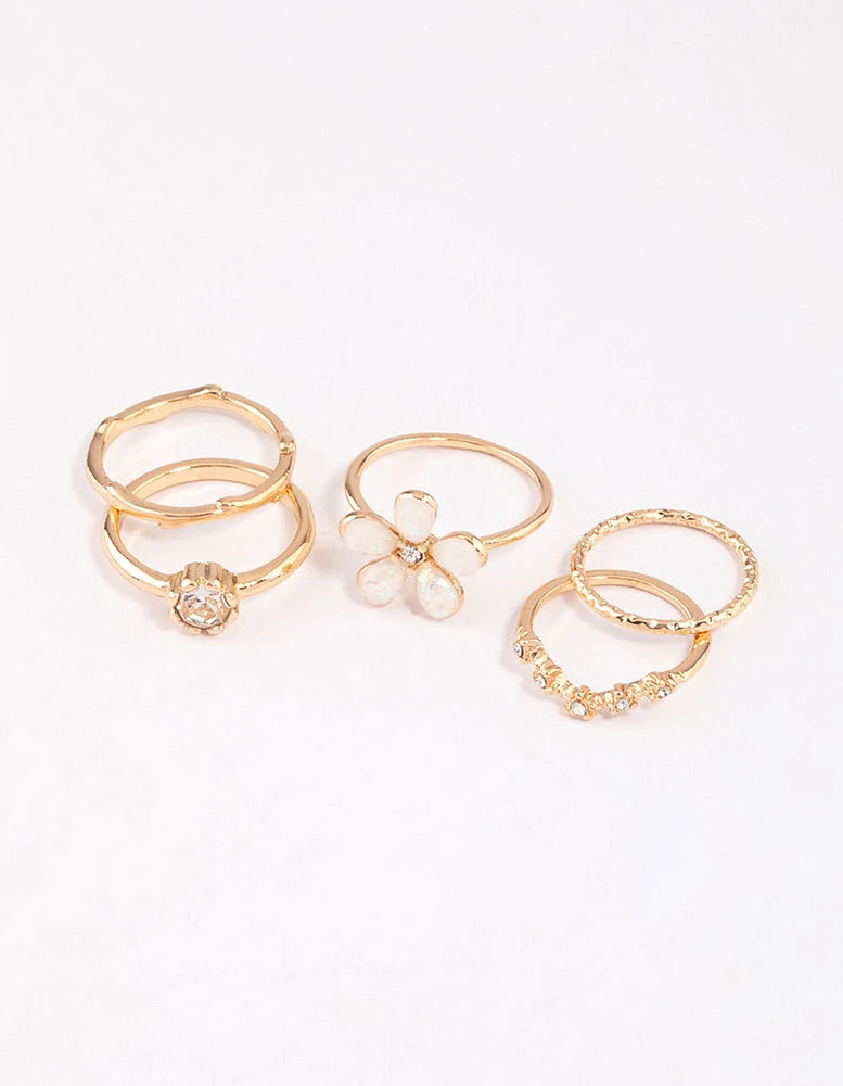 Gold Opal Flower & Diamante Ring Pack