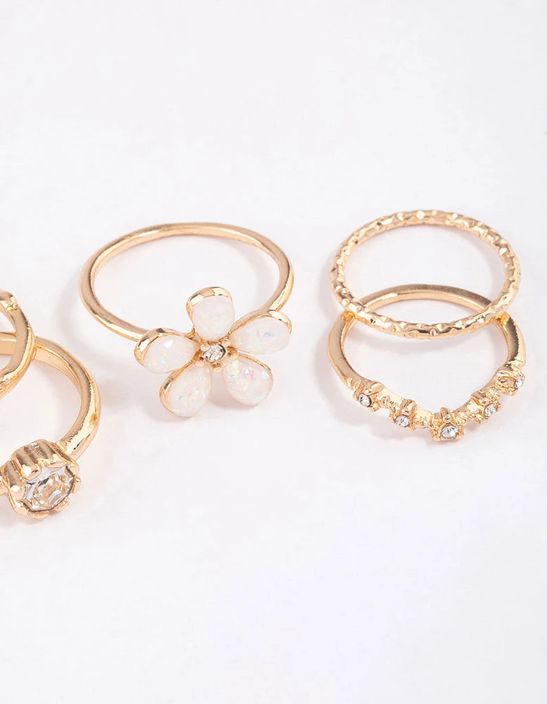 Gold Opal Flower & Diamante Ring Pack