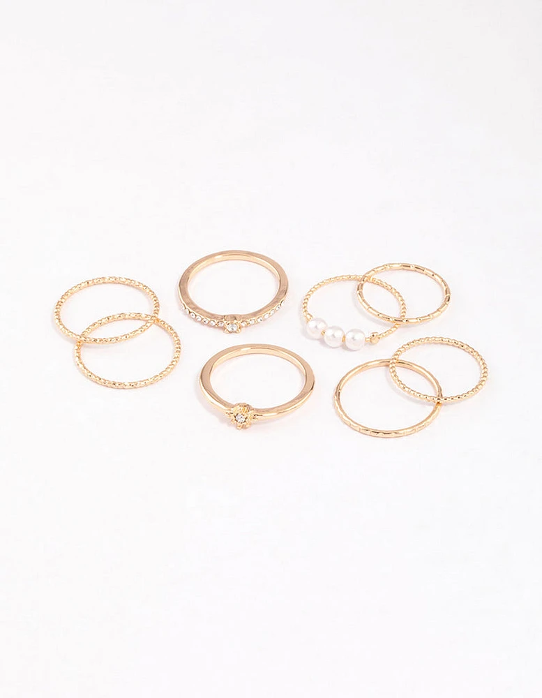 Gold Fine Diamante Cut Pearl Ring Pack