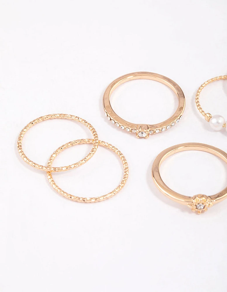 Gold Fine Diamante Cut Pearl Ring Pack