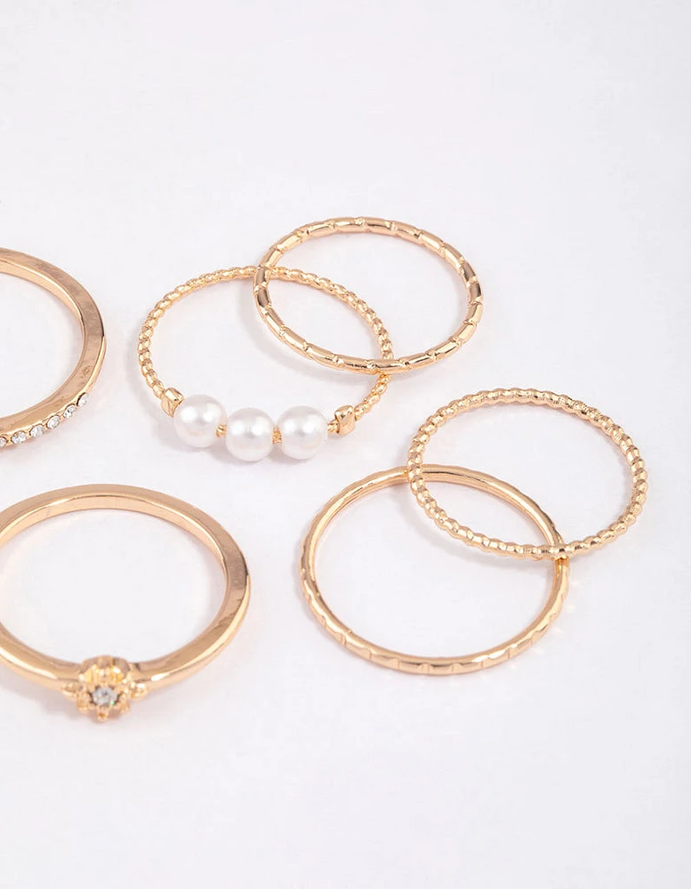 Gold Fine Diamante Cut Pearl Ring Pack