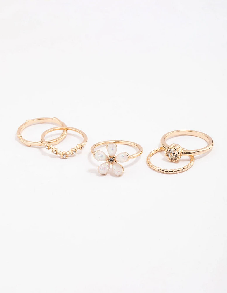 Gold Opal Flower & Diamante Ring Pack