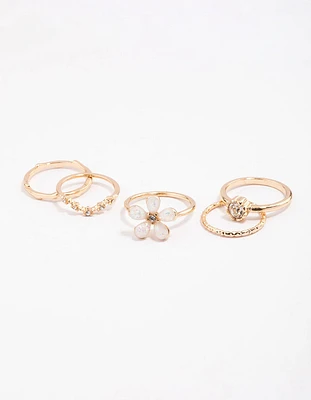 Gold Opal Flower & Diamante Ring Pack