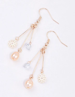 Rose Gold Stack Freshwater Pearl & Flower Drop Earrings