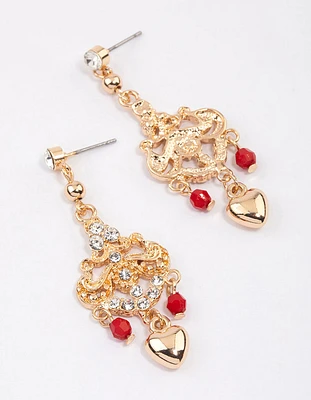 Red Ornate Beaded Heart Drop Earrings