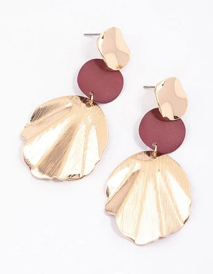 Red Warped Disc Leaf Drop Earrings