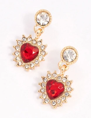 Red Halo Diamante Heart Drop Earrings