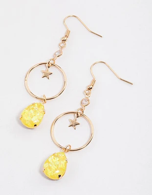 Yellow Open Circle Star Drop Earrings