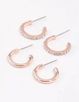 Rose Gold Plain & Diamante Huggie Earring Pack