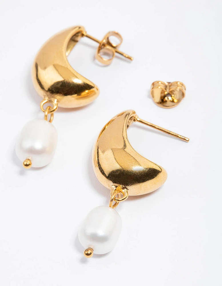 Gold Plated Stainless Steel Freshwater Pearl & Bubble Hoop Earrings