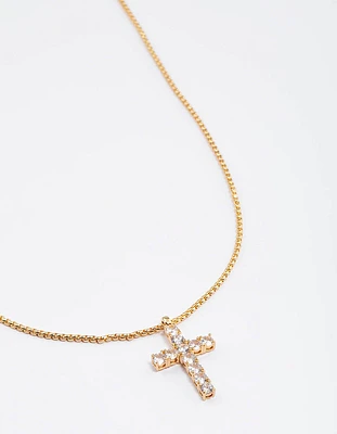 Gold Plated Stainless Steel Cubic Zirconia Cross Necklace