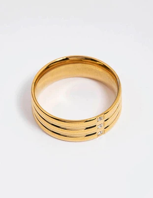 Waterproof Gold Plated Stainless Steel Cubic Zirconia Triple Plain Band Ring