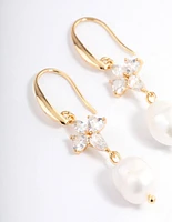 Gold Plated Cubic Zirconia & Freshwater Pearl French Drop Earrings