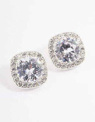 Silver Plated Cubic Zirconia Cushion Halo Stud Earrings