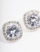 Silver Plated Cubic Zirconia Cushion Halo Stud Earrings