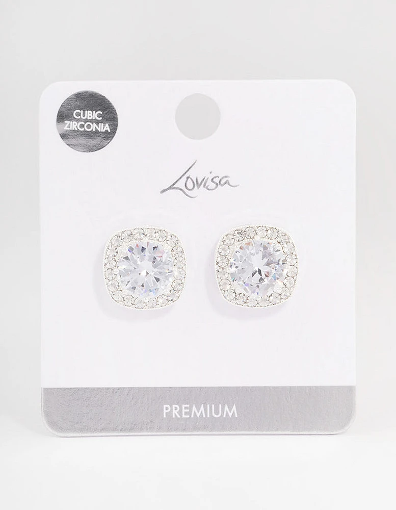 Silver Plated Cubic Zirconia Cushion Halo Stud Earrings