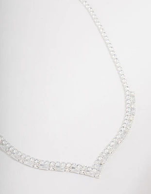 Silver Plated Cubic Zirconia Round & Baguette V-Necklace