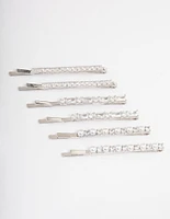 Silver Plated Cubic Zirconia Mixed Stone & Pearl Hair Clips 6-Pack