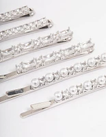 Silver Plated Cubic Zirconia Mixed Stone & Pearl Hair Clips 6-Pack