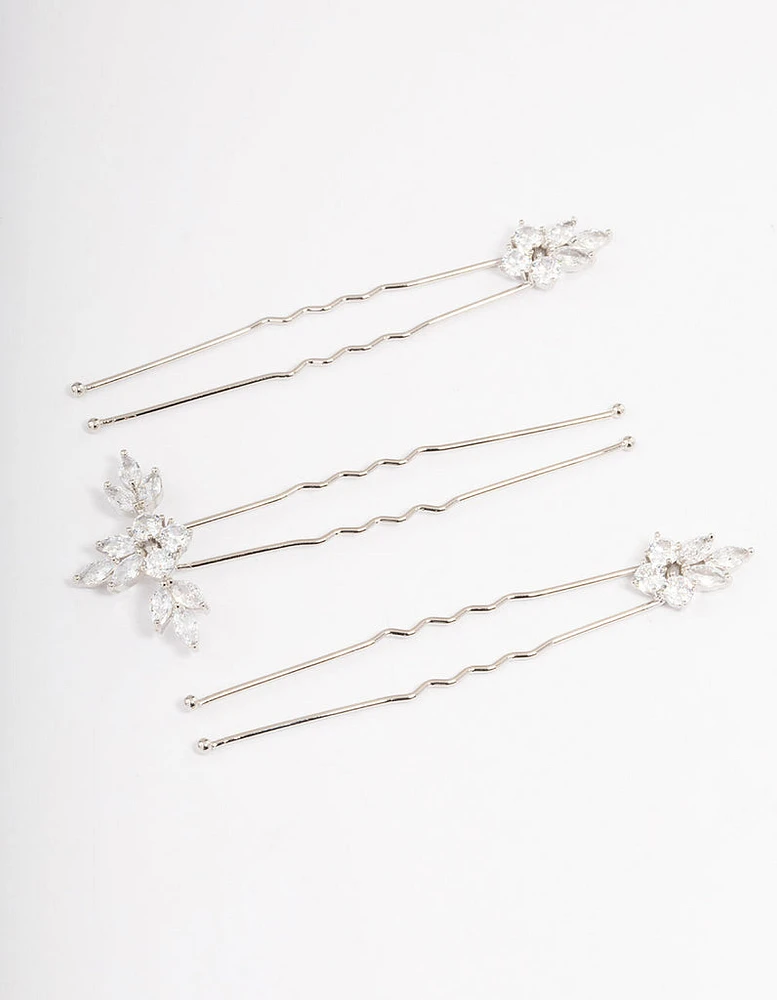 Silver Plated Cubic Zirconia Marquise Leaf Hair Pins Pack