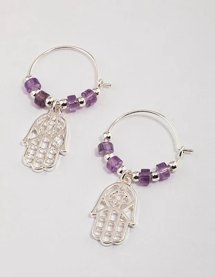 Silver Amethyst Beaded Texture Hoop Earrings