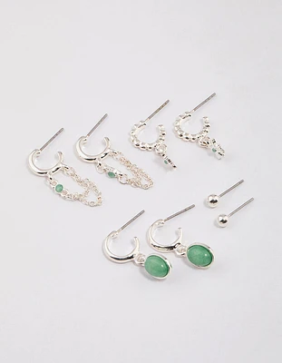 Silver Green Aventurine Star & Chain Earrings 4-Pack